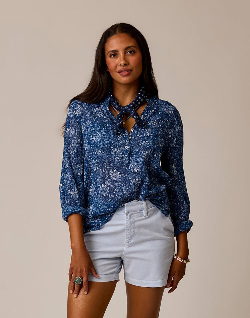 Carve Designs Dylan Gauze Blue & White Floral Popover Organic Cotton Shirt XS
